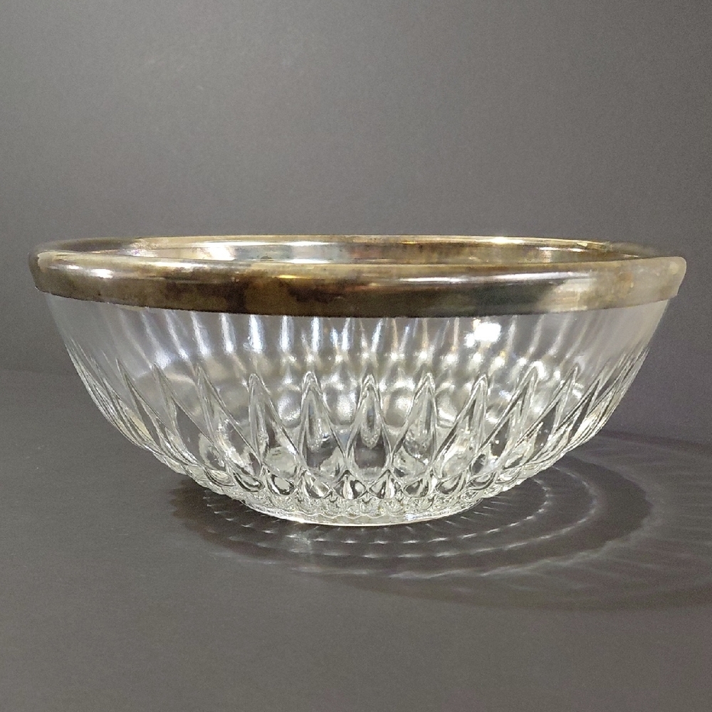 Vintage FB Rogers Silver Co Large Heavy Cut Glass Silver Plated Rim Crystal Bowl